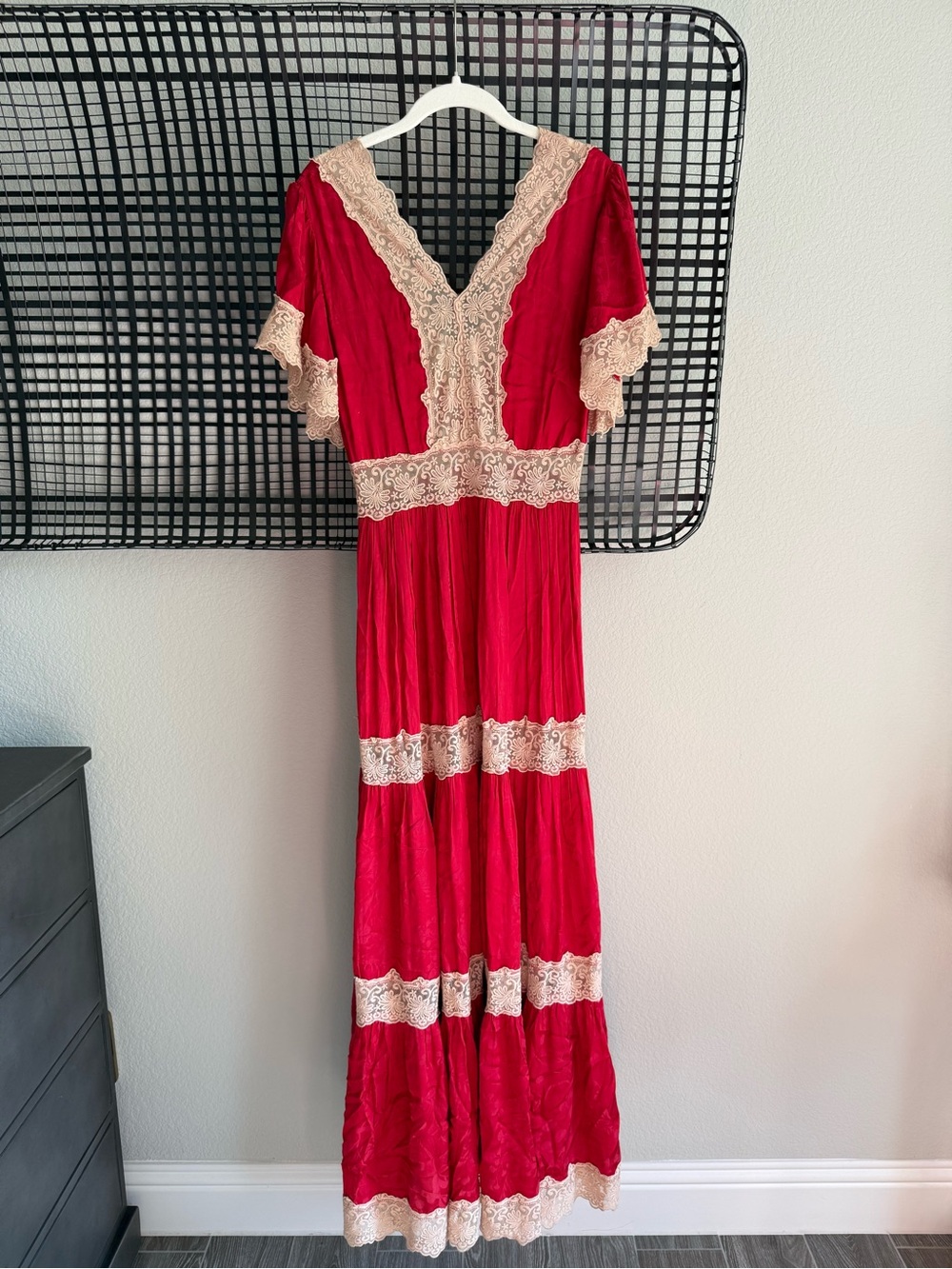 Spell Red Maxi Dress with Cream Lace Trim - Picture 4 of 7